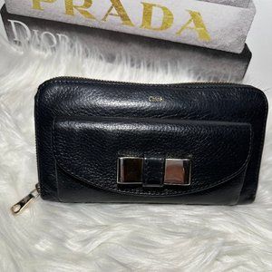 Authentic Chloe Black Leather Portefeuille Ribbon Continental Long Wallet